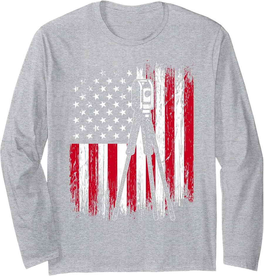 Land Surveying Flag Tool USA Funny Surveyor Long Sleeve T-Shirt - Adult Unisex Heather Grey
