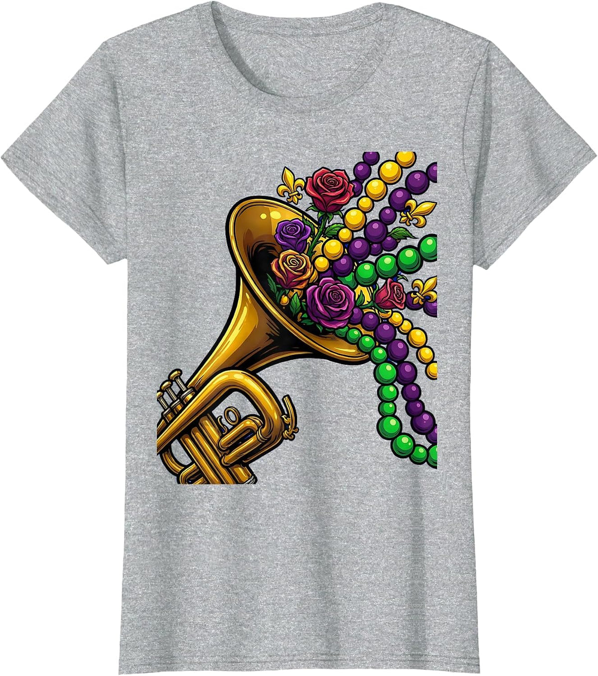 Mardi Gras Trumpet Blooms and Beads Illustration T-Shirt - Heather Grey