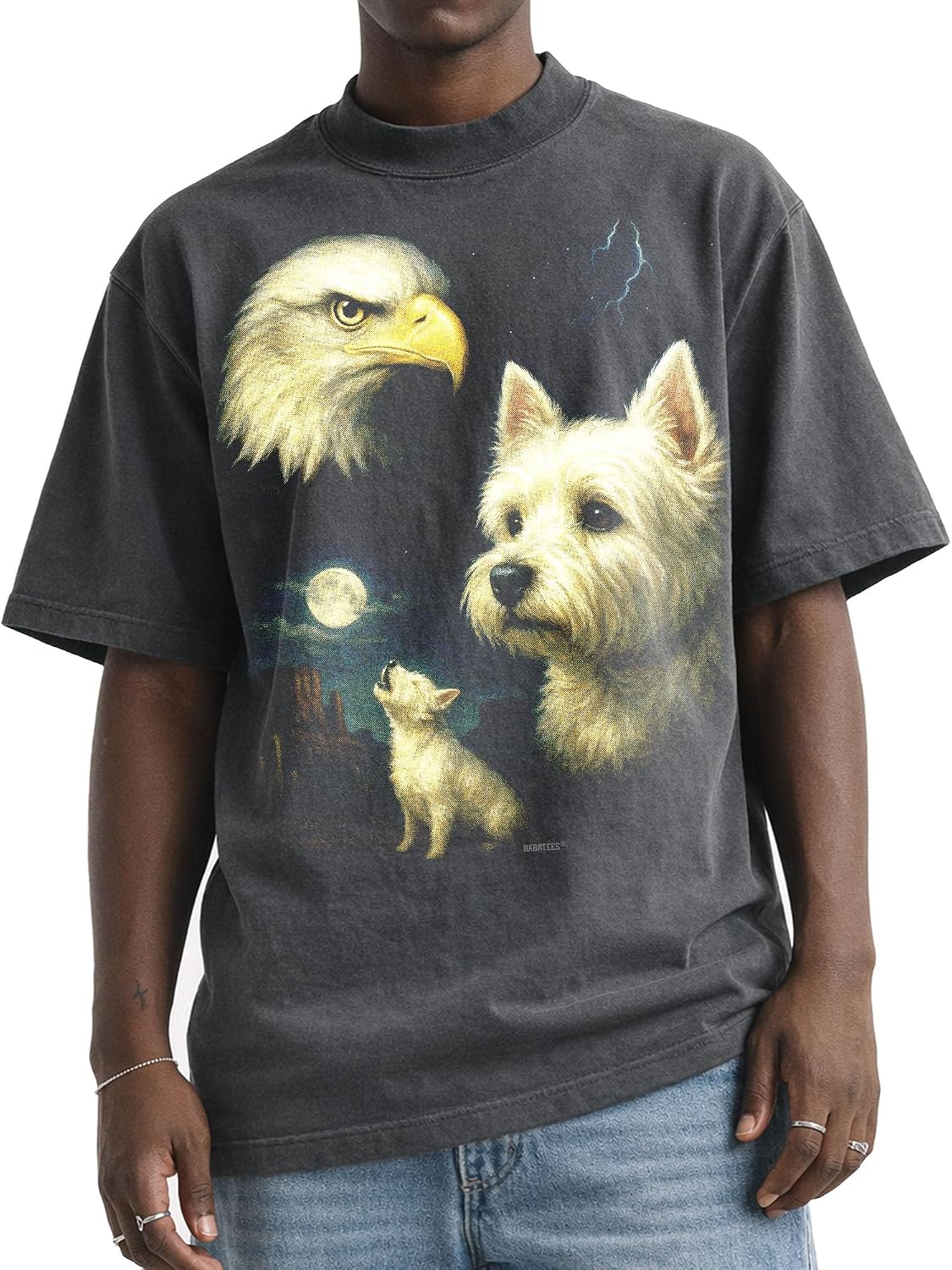 Shaka Wear Dog & Bald Eagle Thunder Tshirt - Faded Max-Heavyweight 7.5oz Oversized & Boxy - West Highland White Terrier