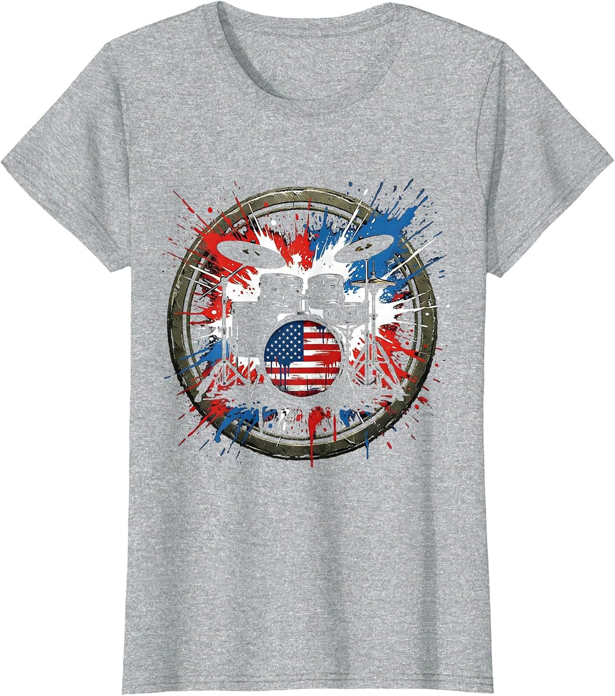 Women's Patriotic Drum Kit Red White and Blue Splatter T-Shirt - Heather Grey