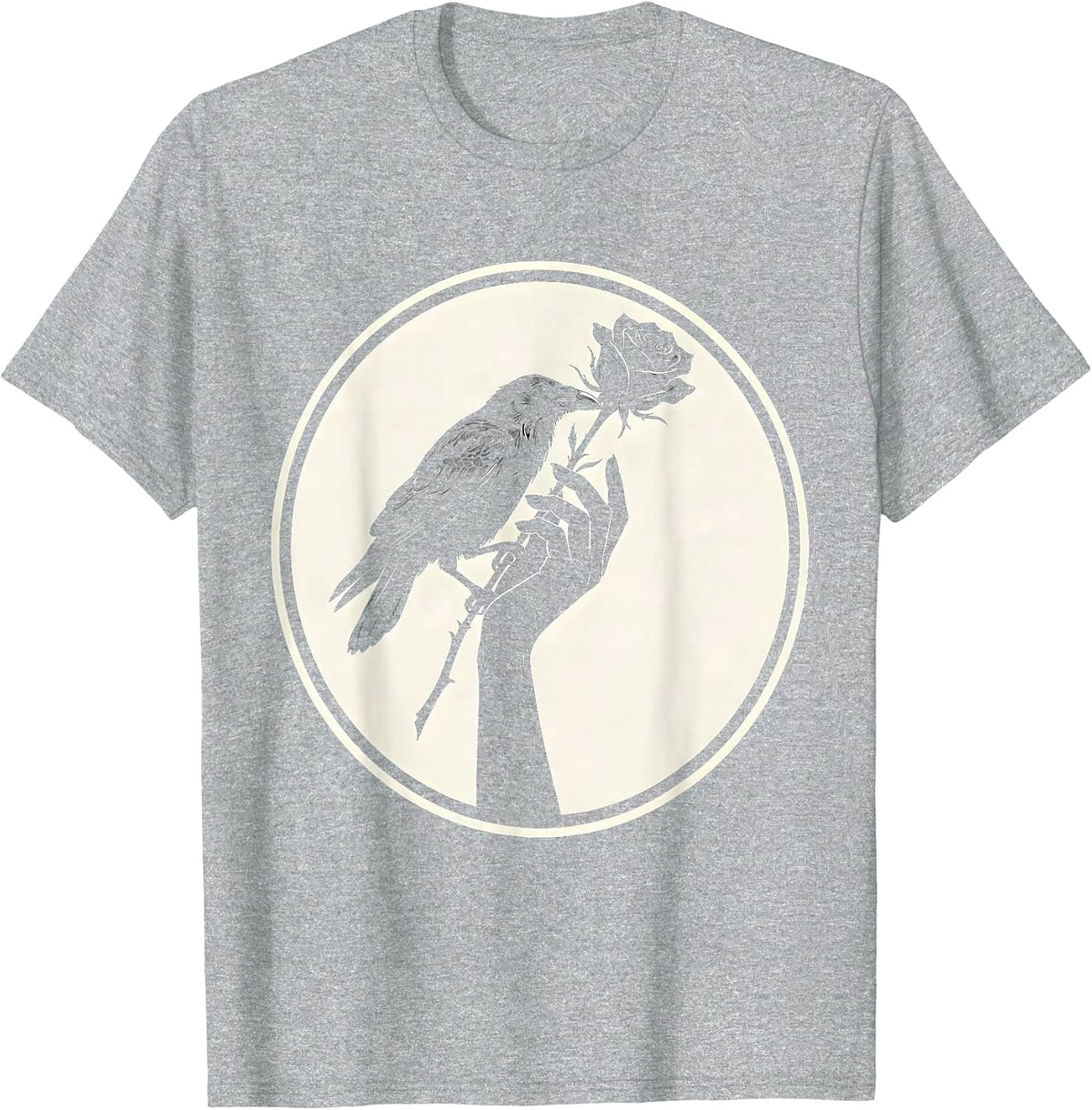Men's Crow and Rose Hand Offering Nature Art T-Shirt - Heather Grey