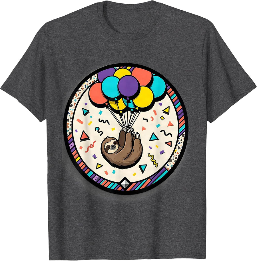Men's Birthday Sloth Floating on Balloon Strings T-Shirt - Dark Heather Grey
