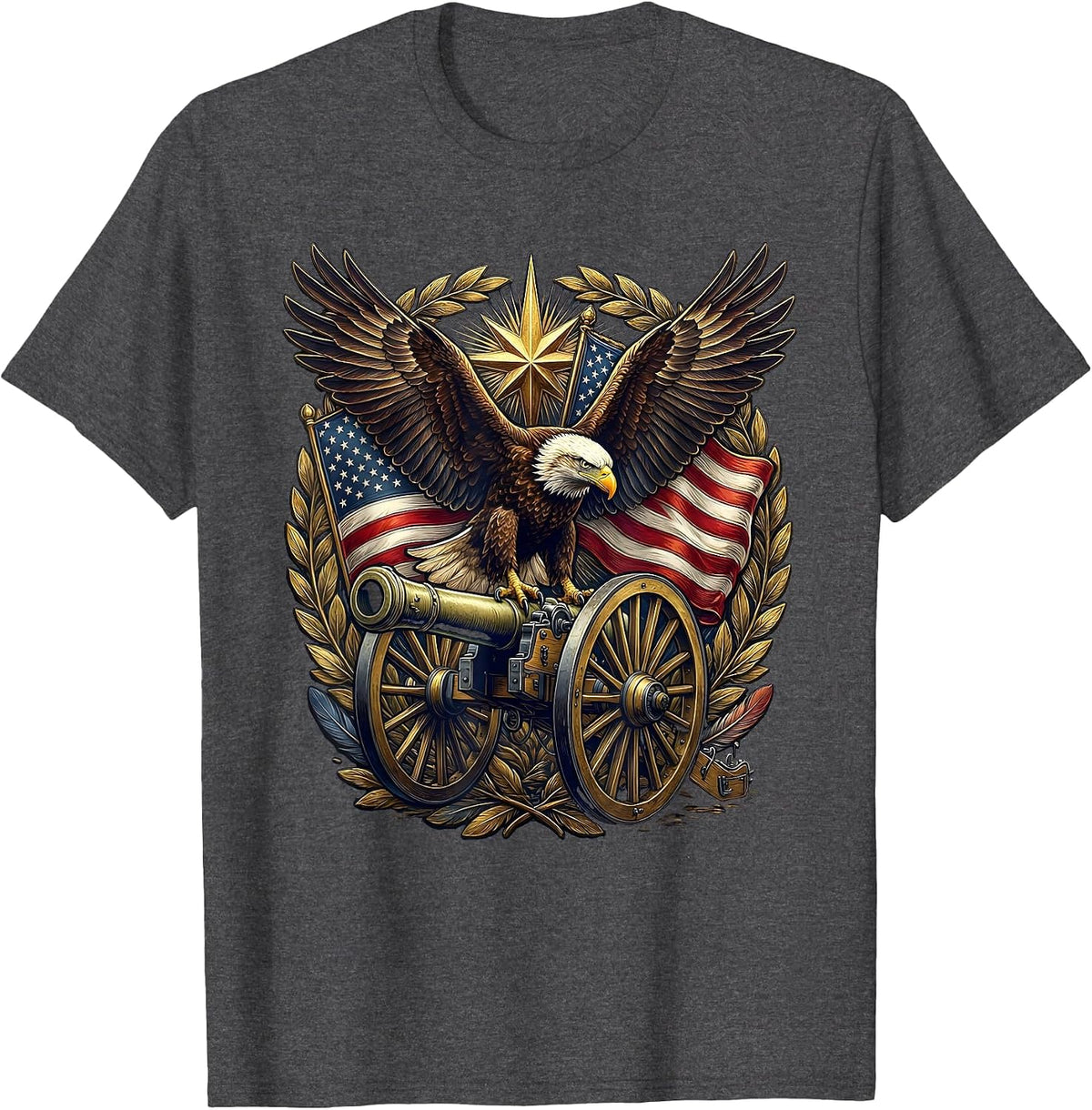 Bald Eagle on Cannon US Army Patriotic Graphic T-Shirt - Dark Heather Grey