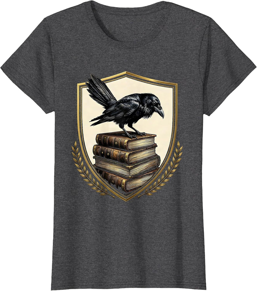 Women's Crow on Stacked Old Leather Books Illustration T-Shirt - Dark Heather Grey
