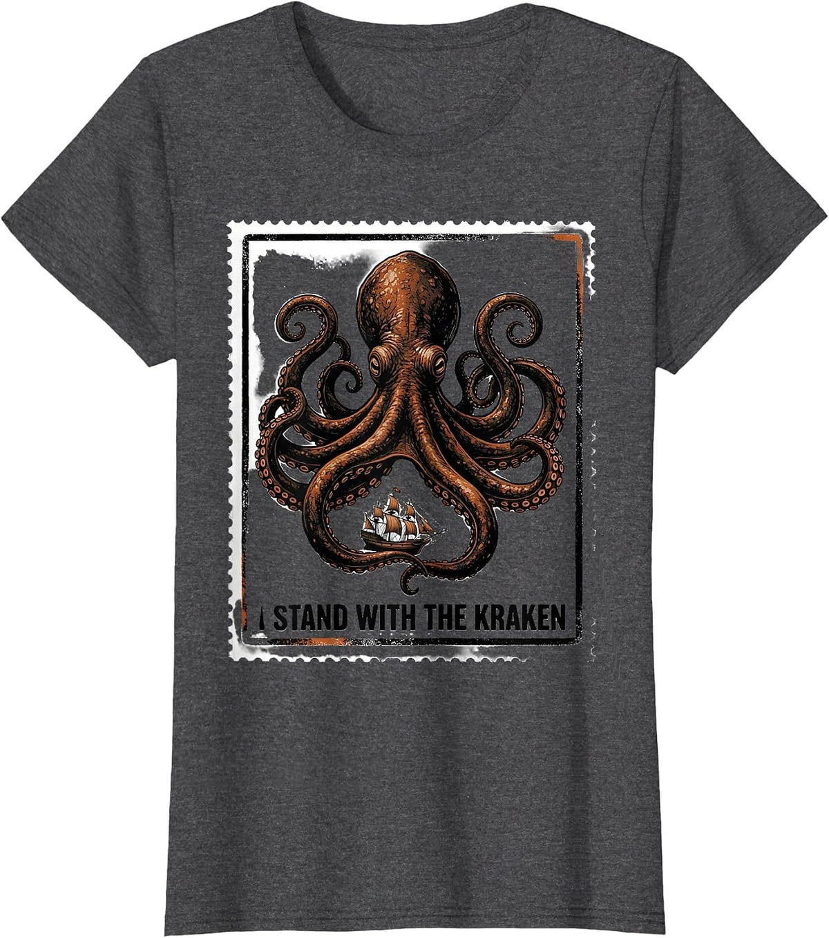 Women's I Stand With The Kraken Vintage Japanese Kraken Octopus T-Shirt - Dark Heather Grey