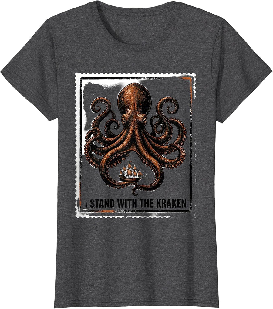 Women's I Stand With The Kraken Vintage Japanese Kraken Octopus T-Shirt - Dark Heather Grey