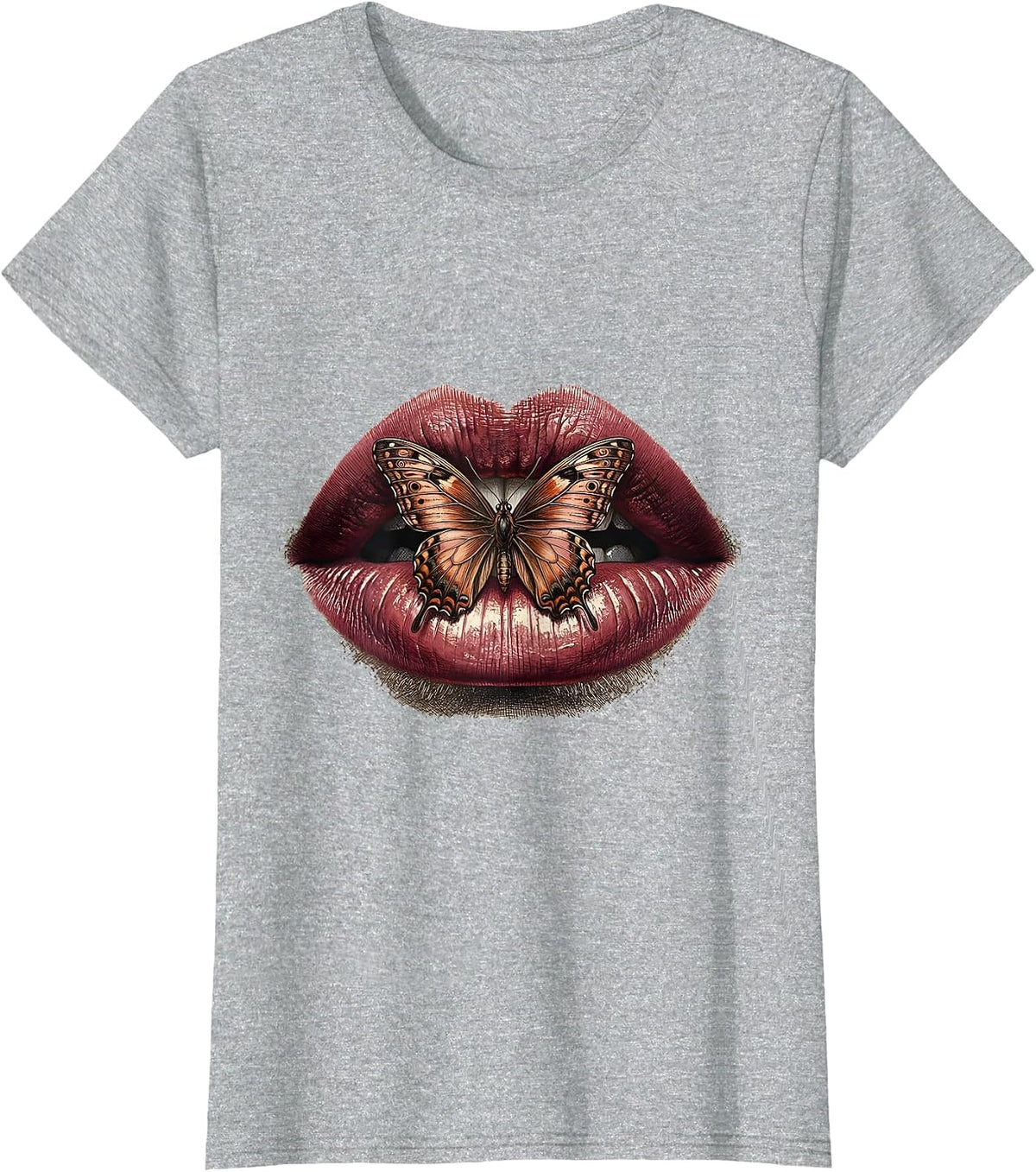Bold Lips Butterfly Graphic Tee | Gigi Design T-Shirt - Heather Grey