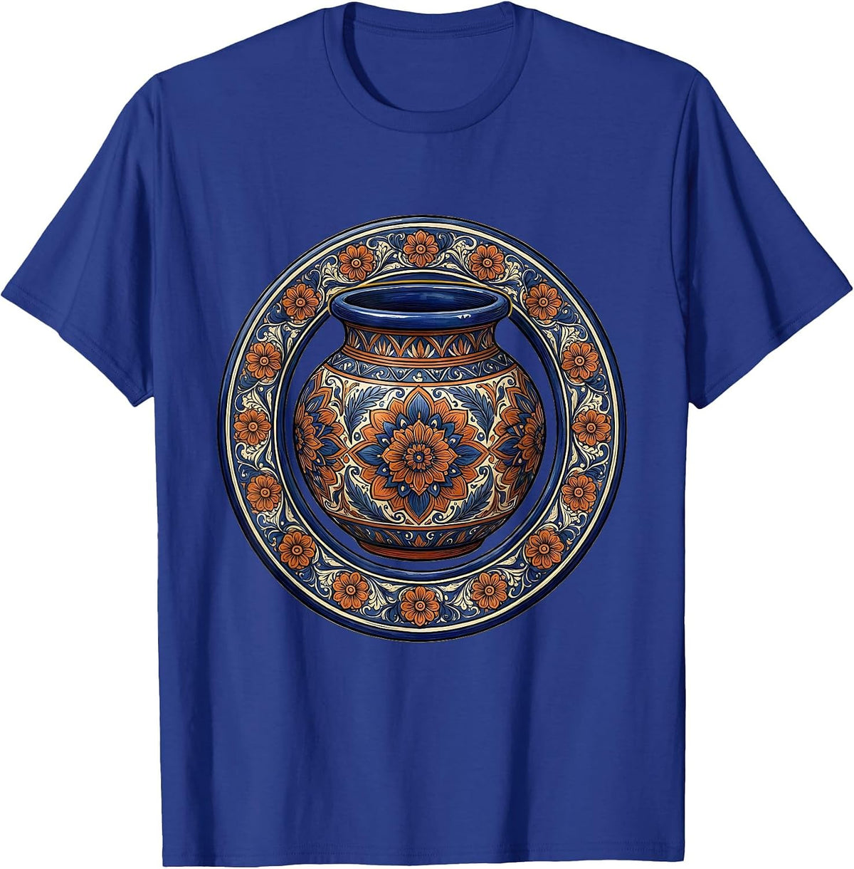 Mexican Talavera Pottery Floral Art Design T-Shirt - Royal Blue