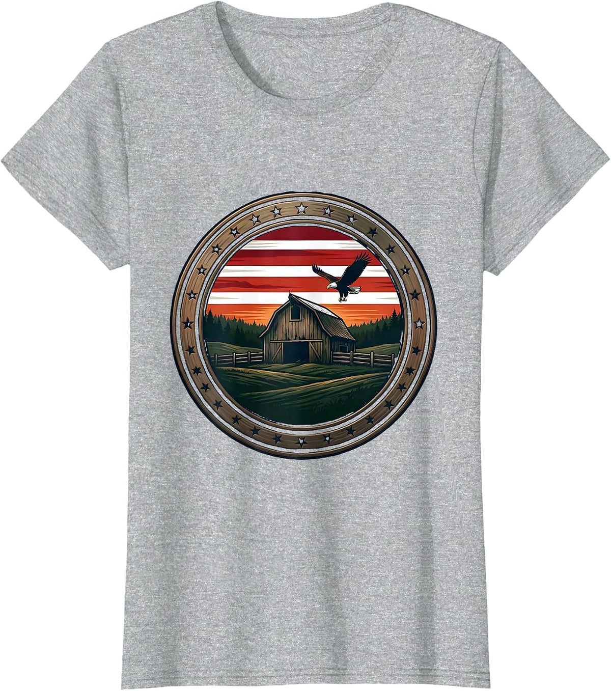 Weathered Barn Rolling Farmland American Country Art T-Shirt - Heather Grey