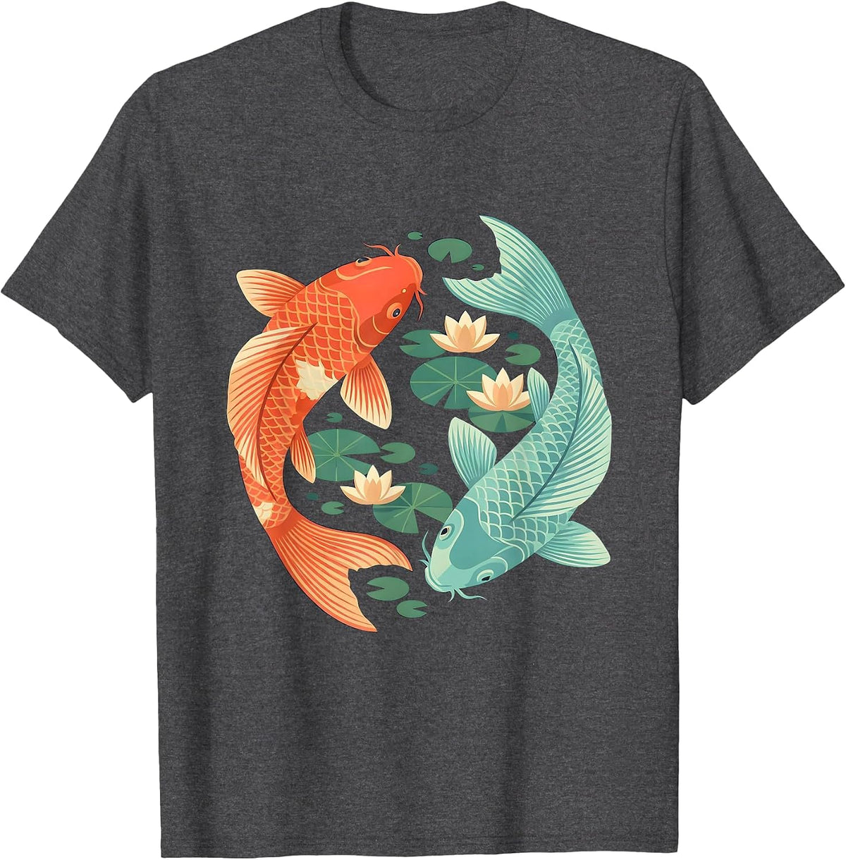 Koi Fish Yin Yang Pond Circle Graphic T-Shirt - Dark Heather Grey