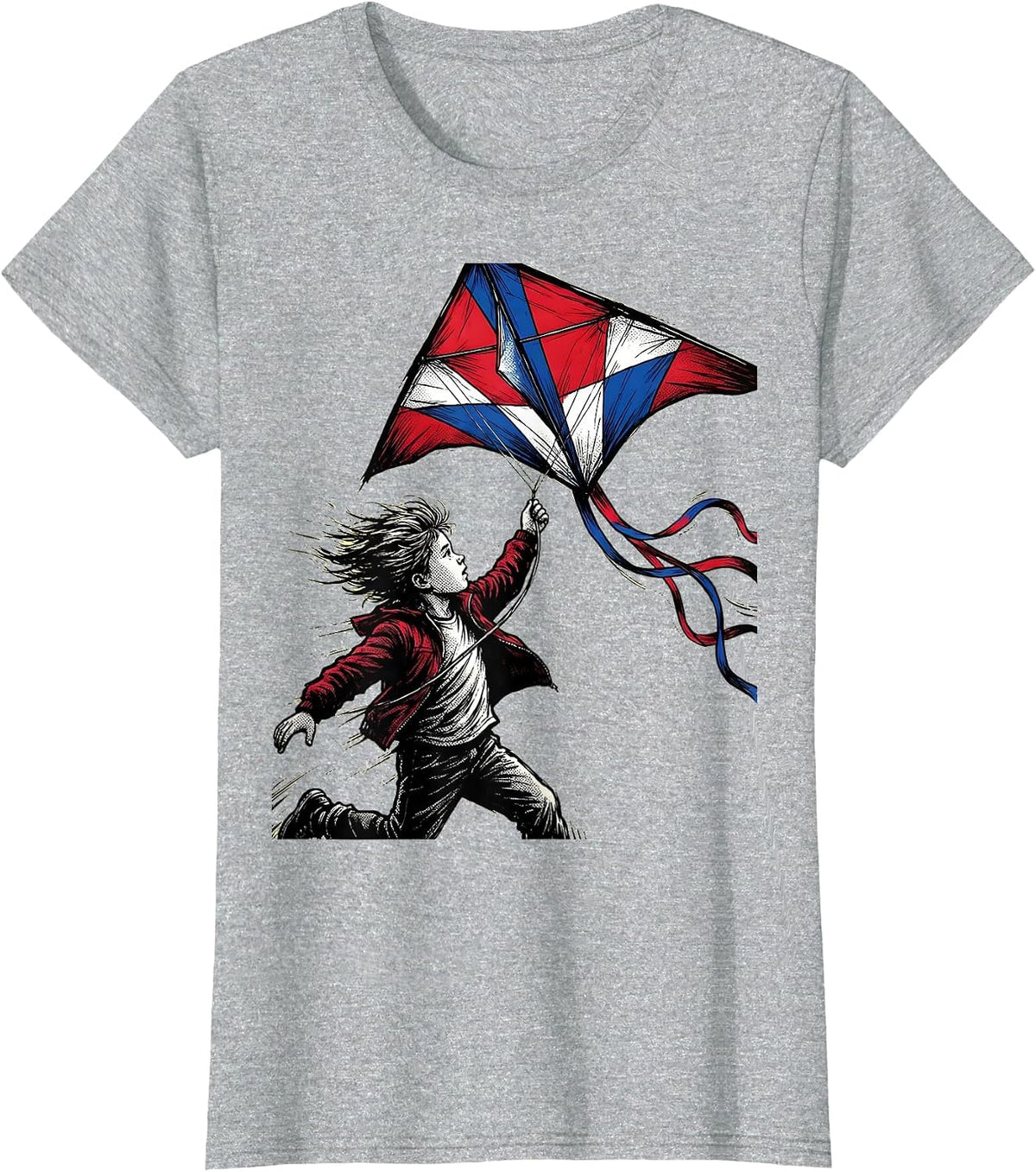 Red White and Blue Kite Launch Graphic T-Shirt - Heather Grey