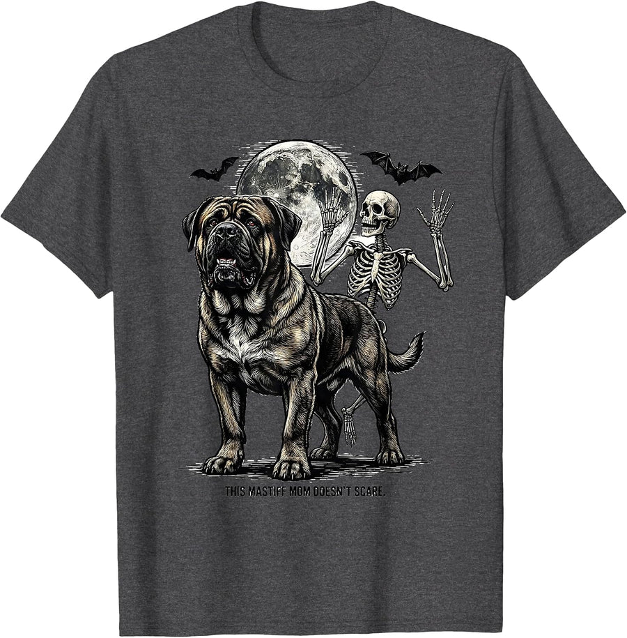 Men's This Mastiff Mom Doesn't Scare Funny Skeleton Chasing Dog T-Shirt - Dark Heather Grey