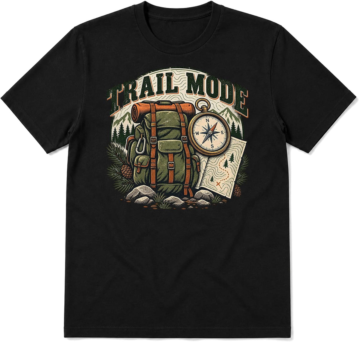 Camping T-Shirt, Hiking Backpack and Compass Graphic - Black