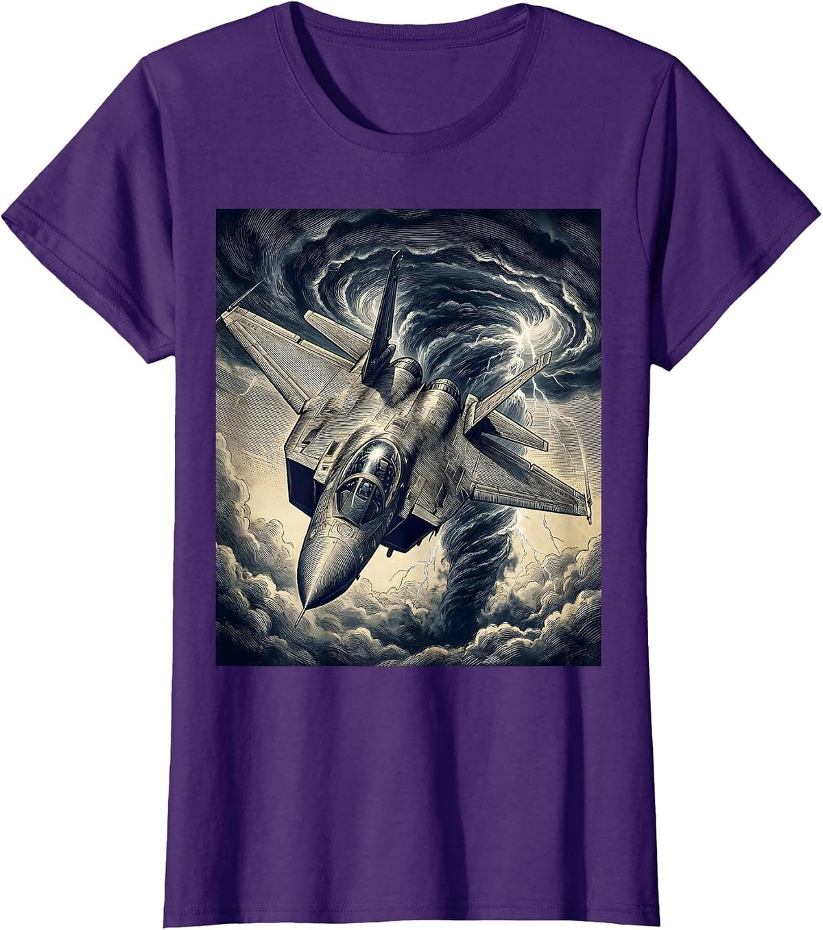 Women's Fighter Jet Diving Through Storm Clouds Design T-Shirt - Purple