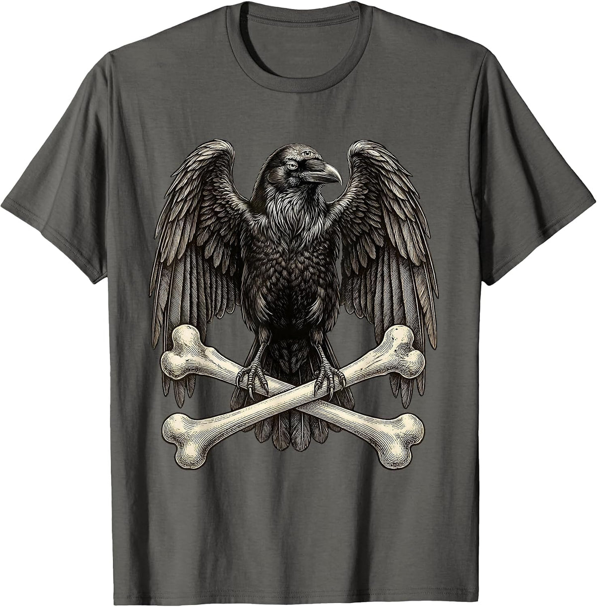 Three-Eyed Raven Crossbones Metal Art Design T-Shirt - Asphalt Grey