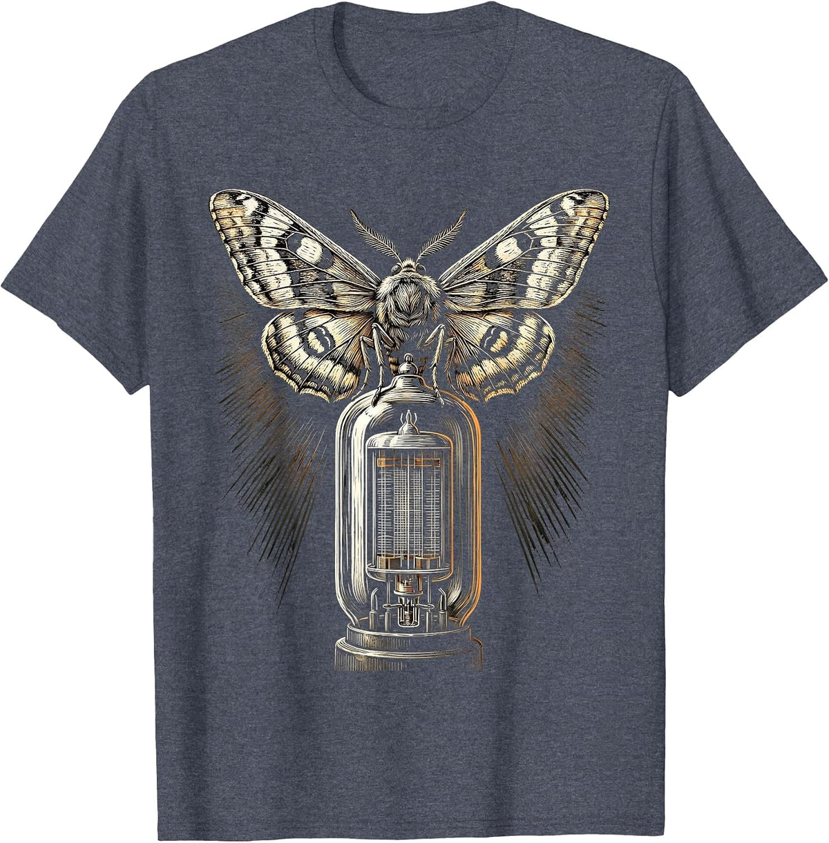 Moth and Vintage Vacuum Tube Rock Art Graphic T-Shirt - Heather Blue