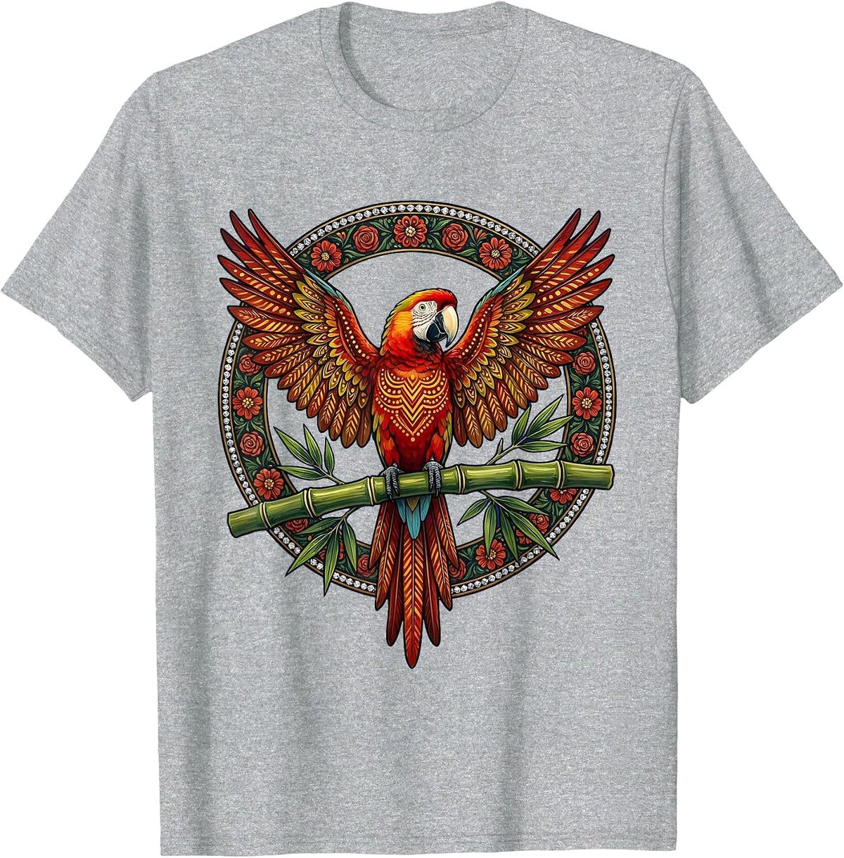 Men's Tropical Parrot on Bamboo Aloha Design T-Shirt - Heather Grey