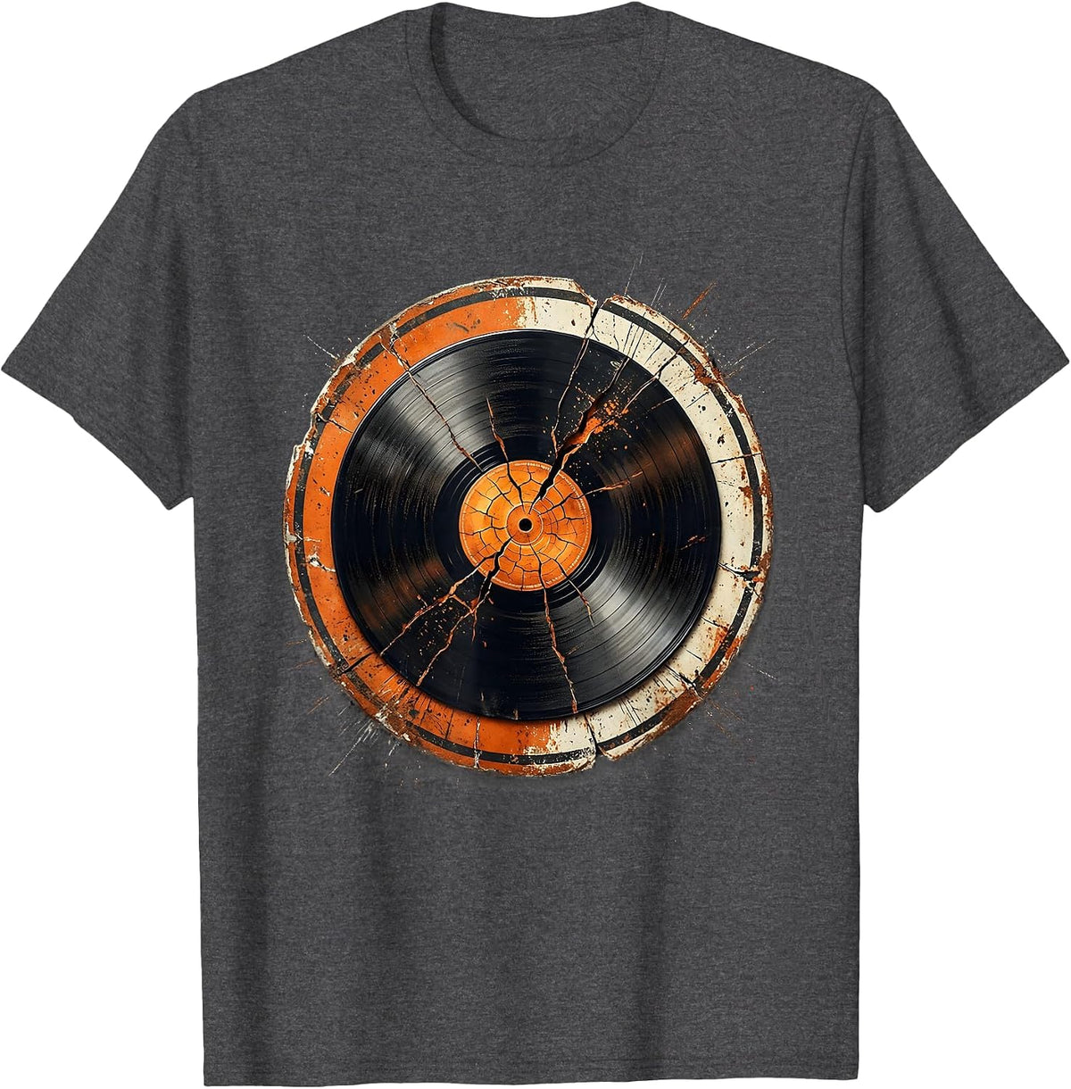 Melting Vinyl Record Sun Art Graphic T-Shirt - Dark Heather Grey