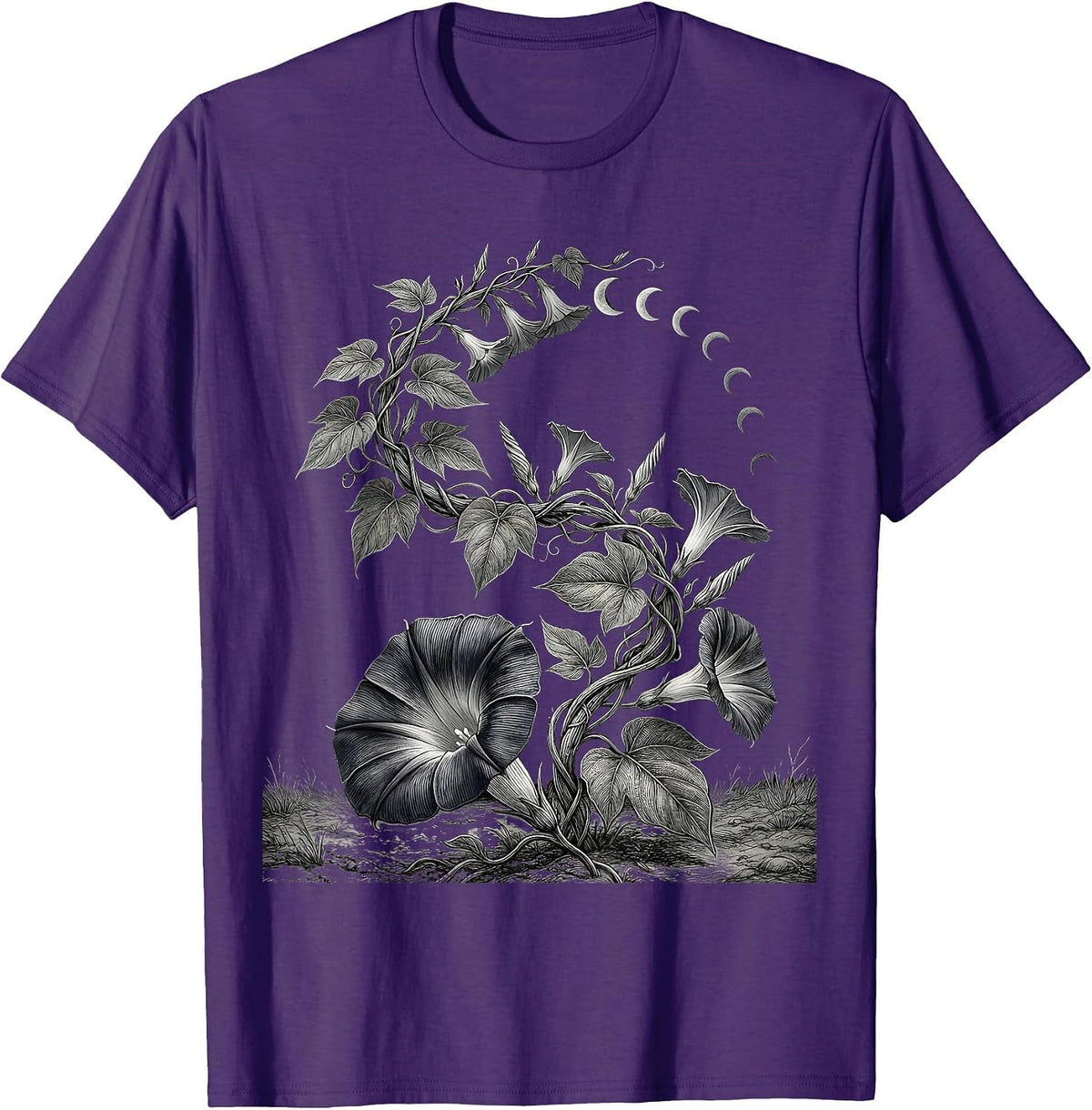 Climbing Vine Crescent Moon Boho Floral Mystical T-Shirt - Purple