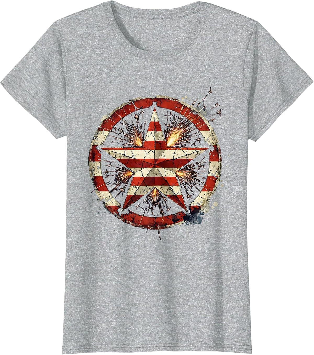 Women's Stars and Stripes Patriotic Fireworks Star Burst T-Shirt - Heather Grey