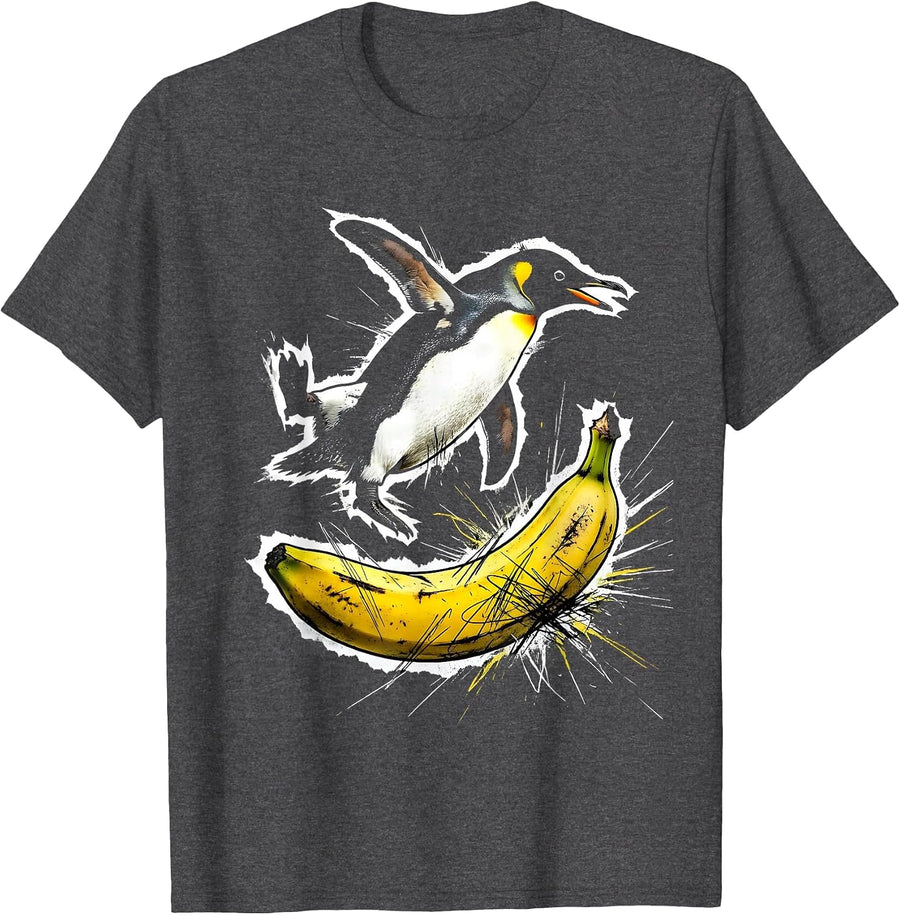 Men's Penguin Slipping on Banana Peel Funny Art T-Shirt - Dark Heather Grey