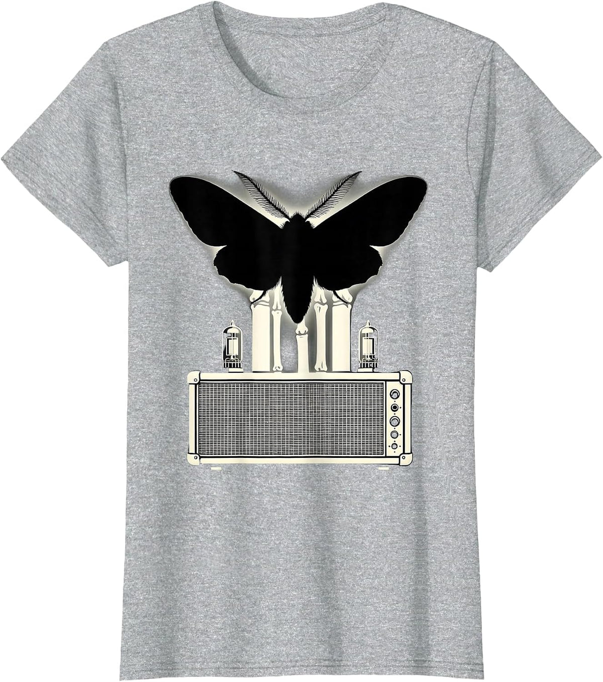 Moth and Glowing Vacuum Tube Amp Rock Art T-Shirt - Heather Grey