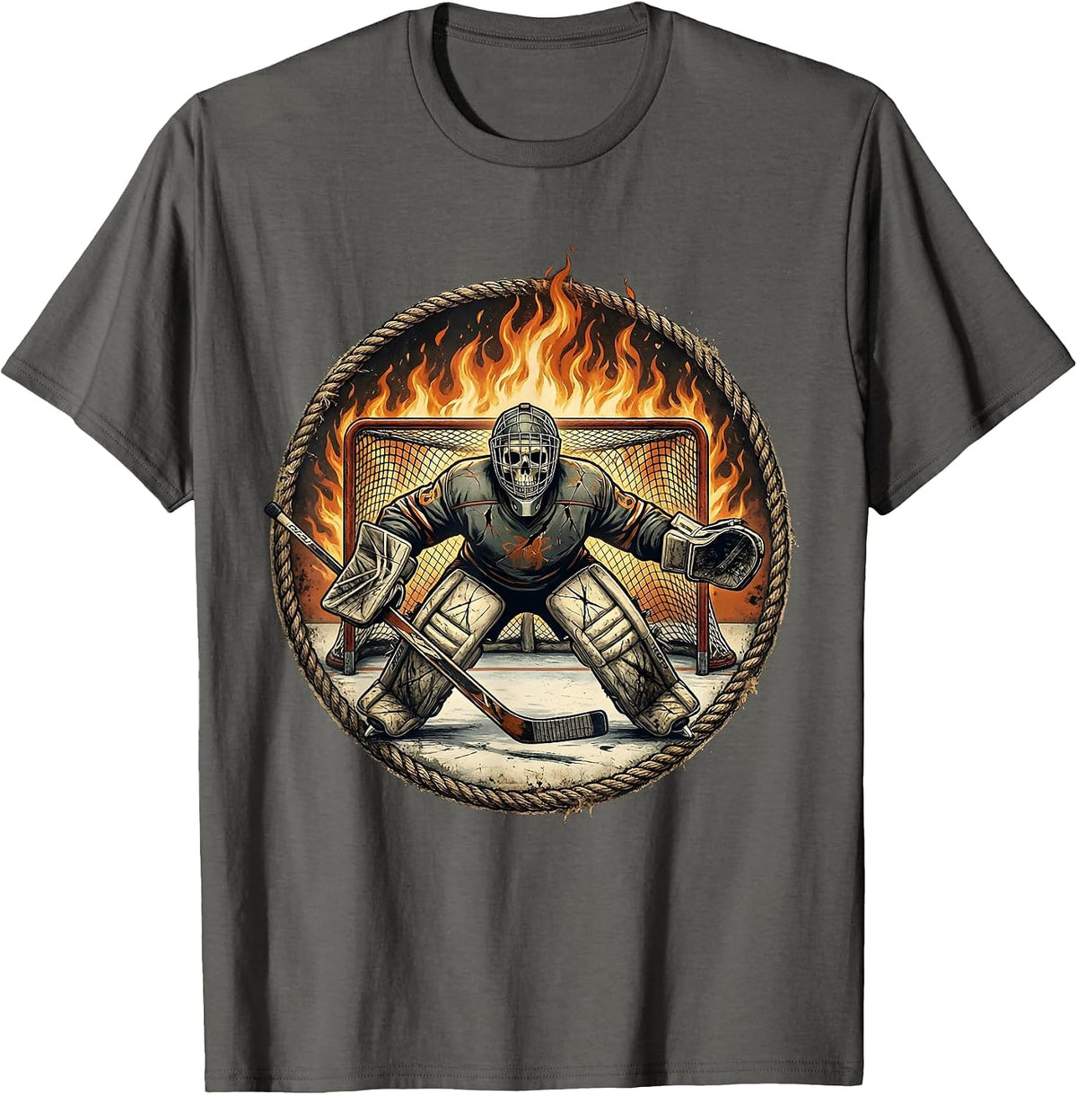 Skeleton Goalie Flaming Net Hockey Graphic T-Shirt - Asphalt Grey