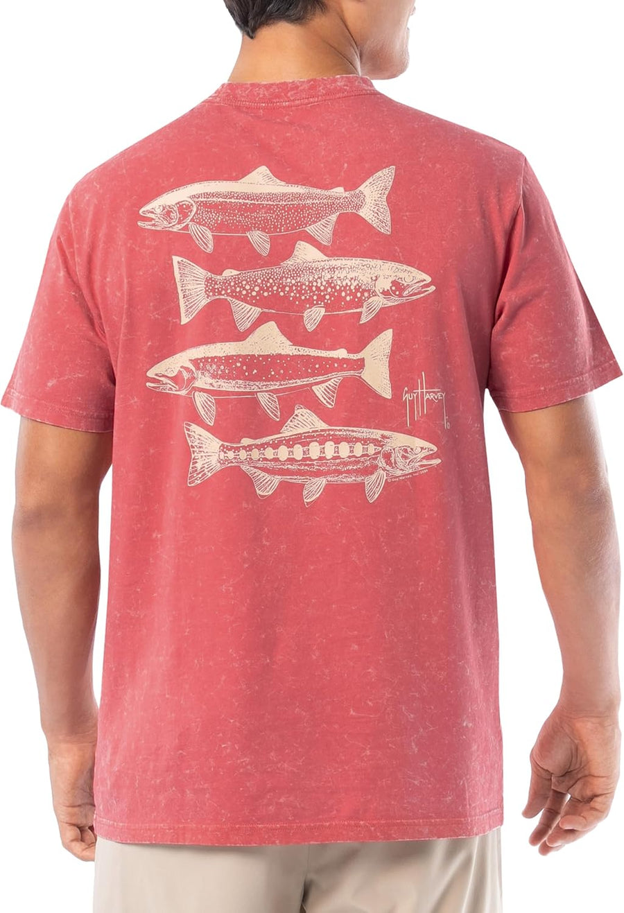 Guy Harvey Men’s Short Sleeve Coastal Wash Cotton Graphic Pocket T-Shirt - Mineral Red\/River Collage