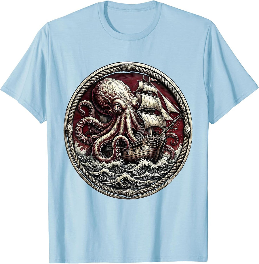 Men's Giant Octopus Sinking Ancient Warship Anime Art T-Shirt - Baby Blue