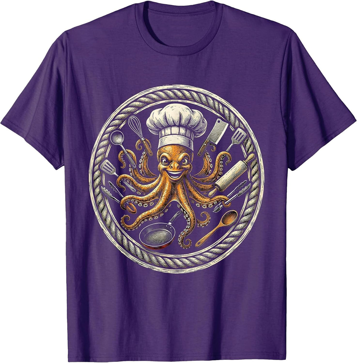 Men's Octopus Chef Juggling Kitchen Utensils T-Shirt - Purple