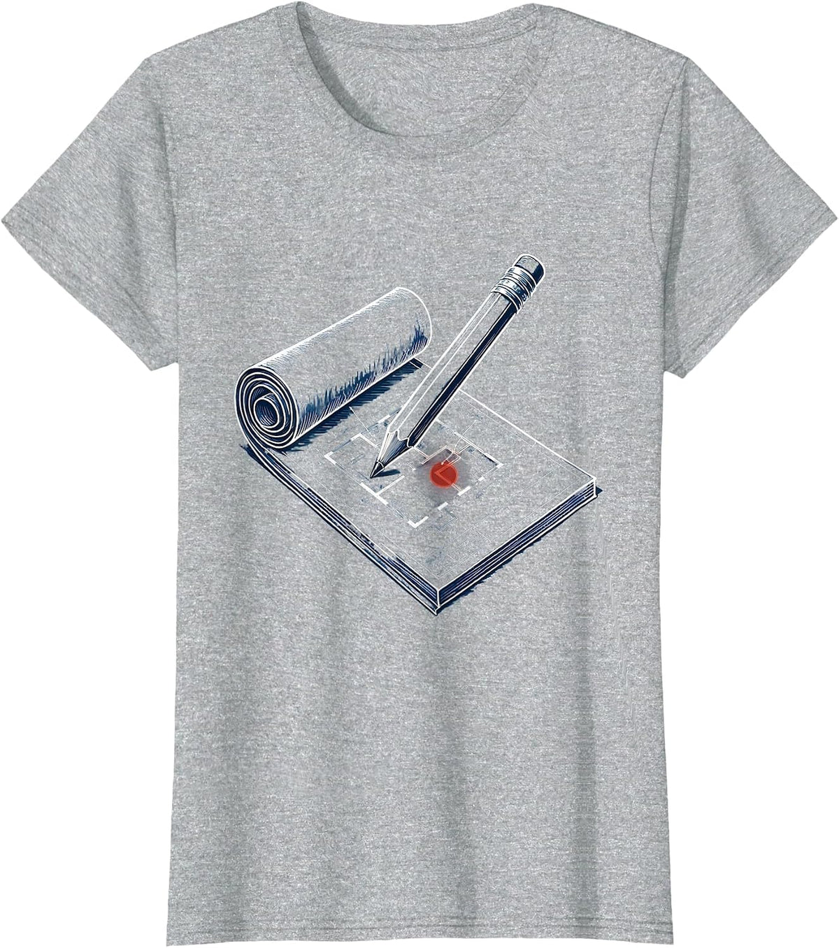 Blueprint Roll and Pencil Graphic Design T-Shirt - Heather Grey