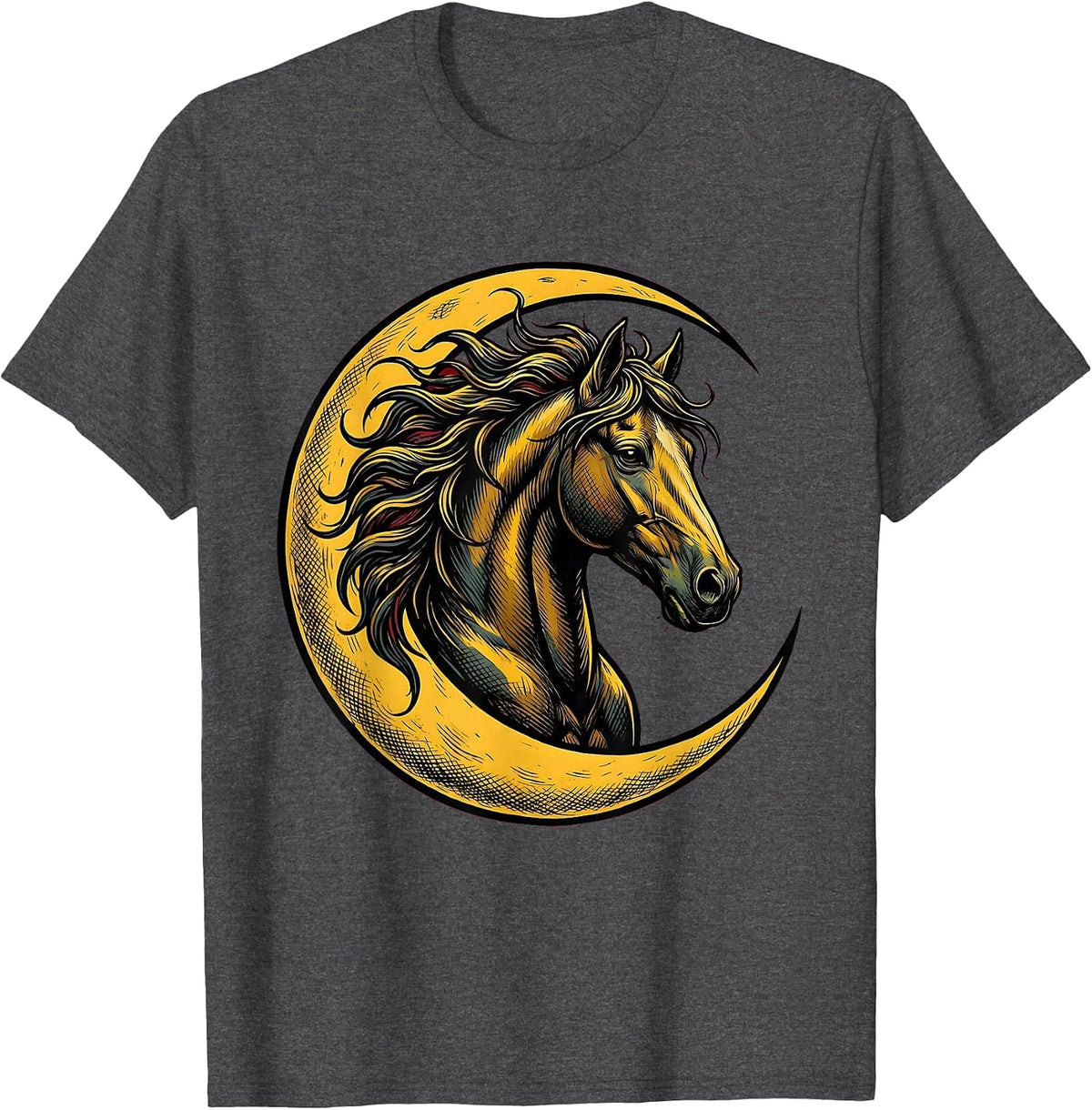 Horse Head Crescent Moon Celestial Night Art T-Shirt - Dark Heather Grey