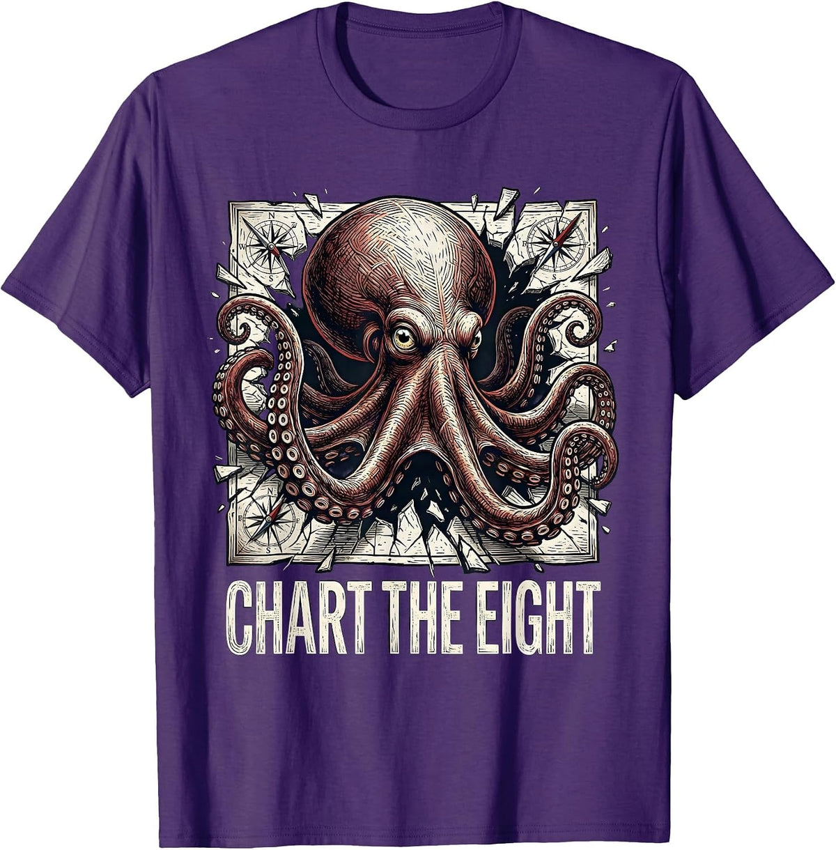 Chart The Eight Formidable Octopus Sea Creature Woodcut T-Shirt - Purple