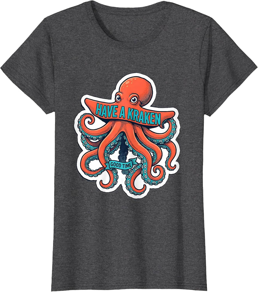 Women's Have a Kraken Good Time Whimsical Octopus Lover Sticker T-Shirt - Dark Heather Grey