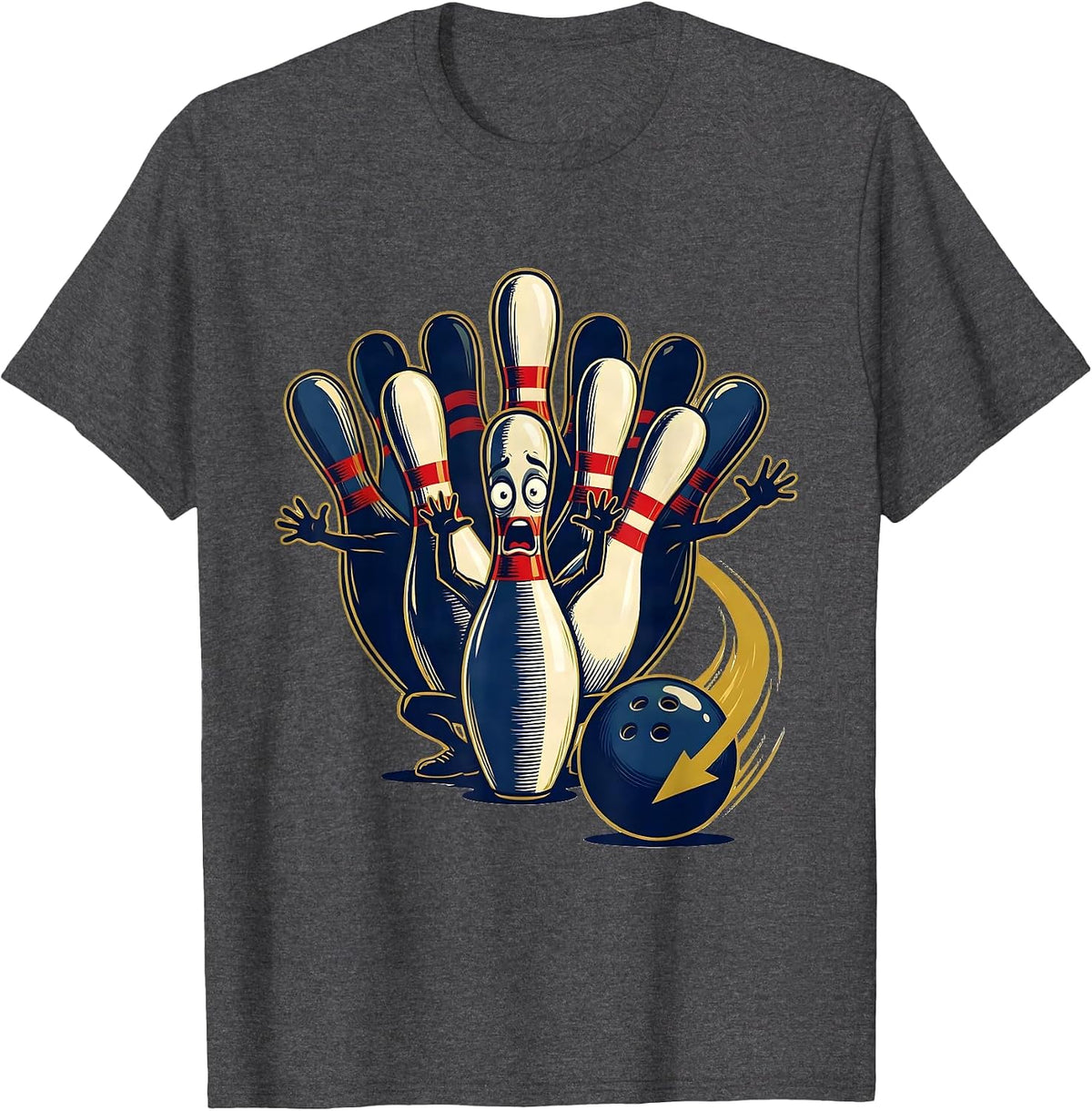 Bowling Pins Scared Funny Sport Bowler T-Shirt - Dark Heather Grey