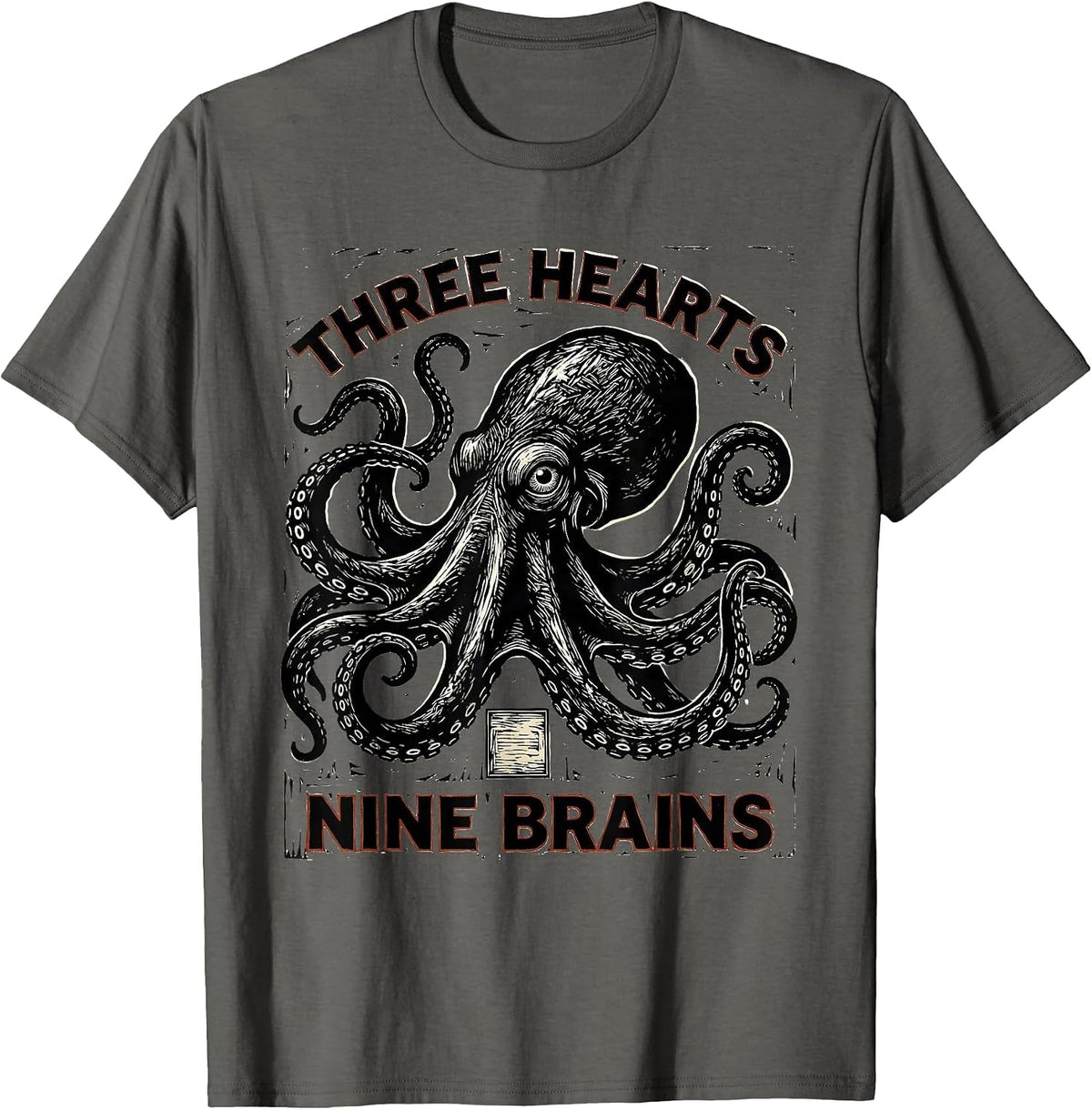 Three Hearts Nine Brains Linocut Octopus Ocean Lover Art T-Shirt - Asphalt Grey