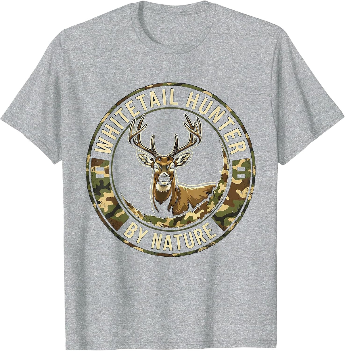 Men's Whitetail Hunter By Nature Distressed Camo Dad Humor T-Shirt - Heather Grey