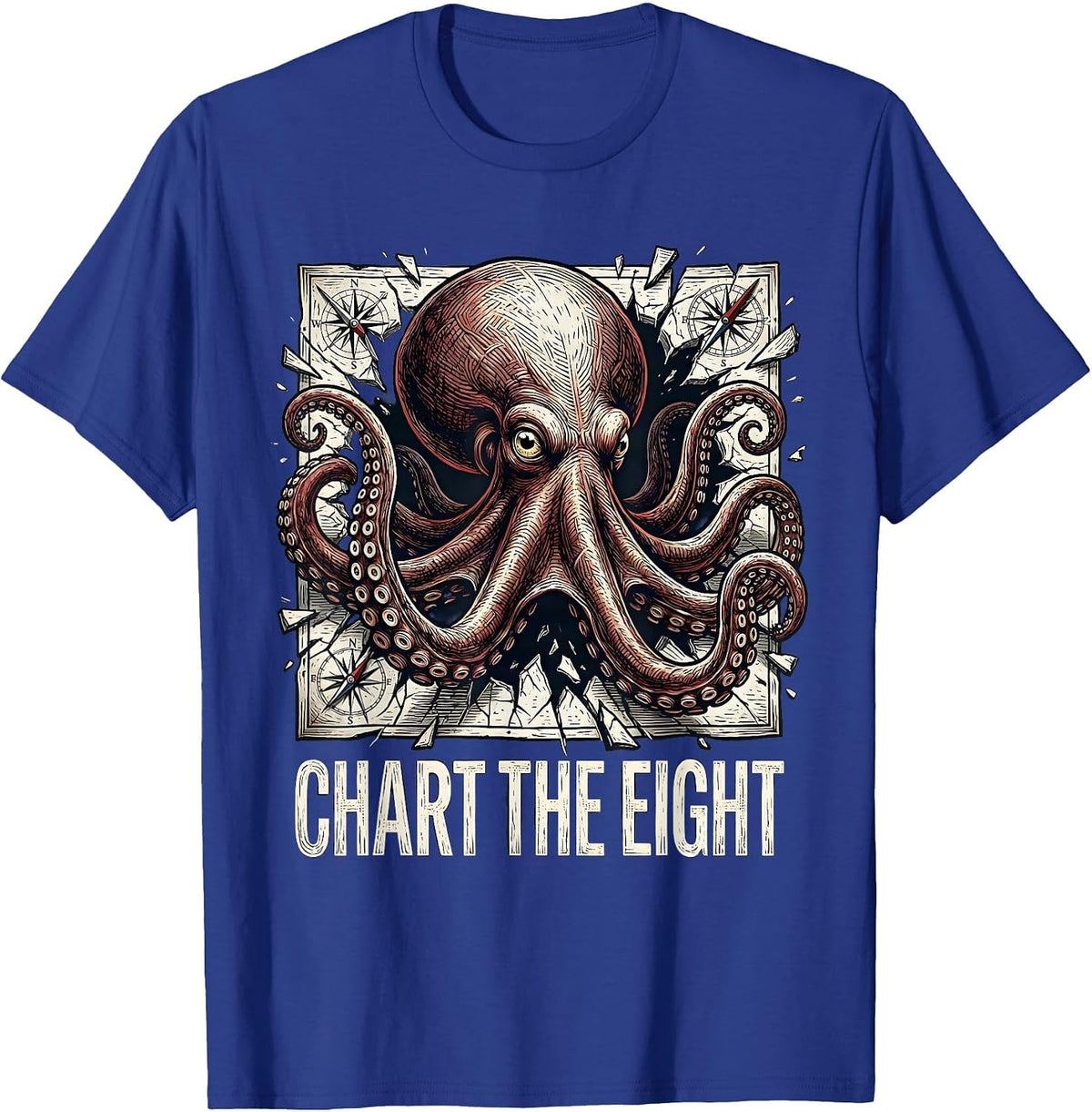 Chart The Eight Formidable Octopus Sea Creature Woodcut T-Shirt - Royal Blue