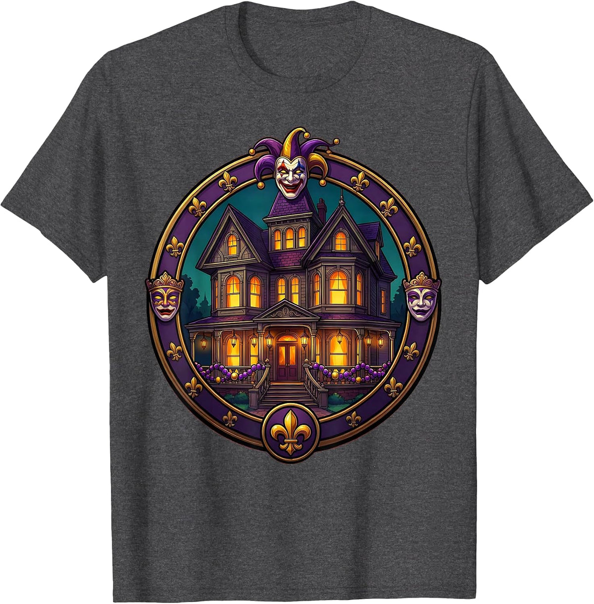 Men's Mardi Gras Victorian Mansion Lantern Balcony T-Shirt - Dark Heather Grey