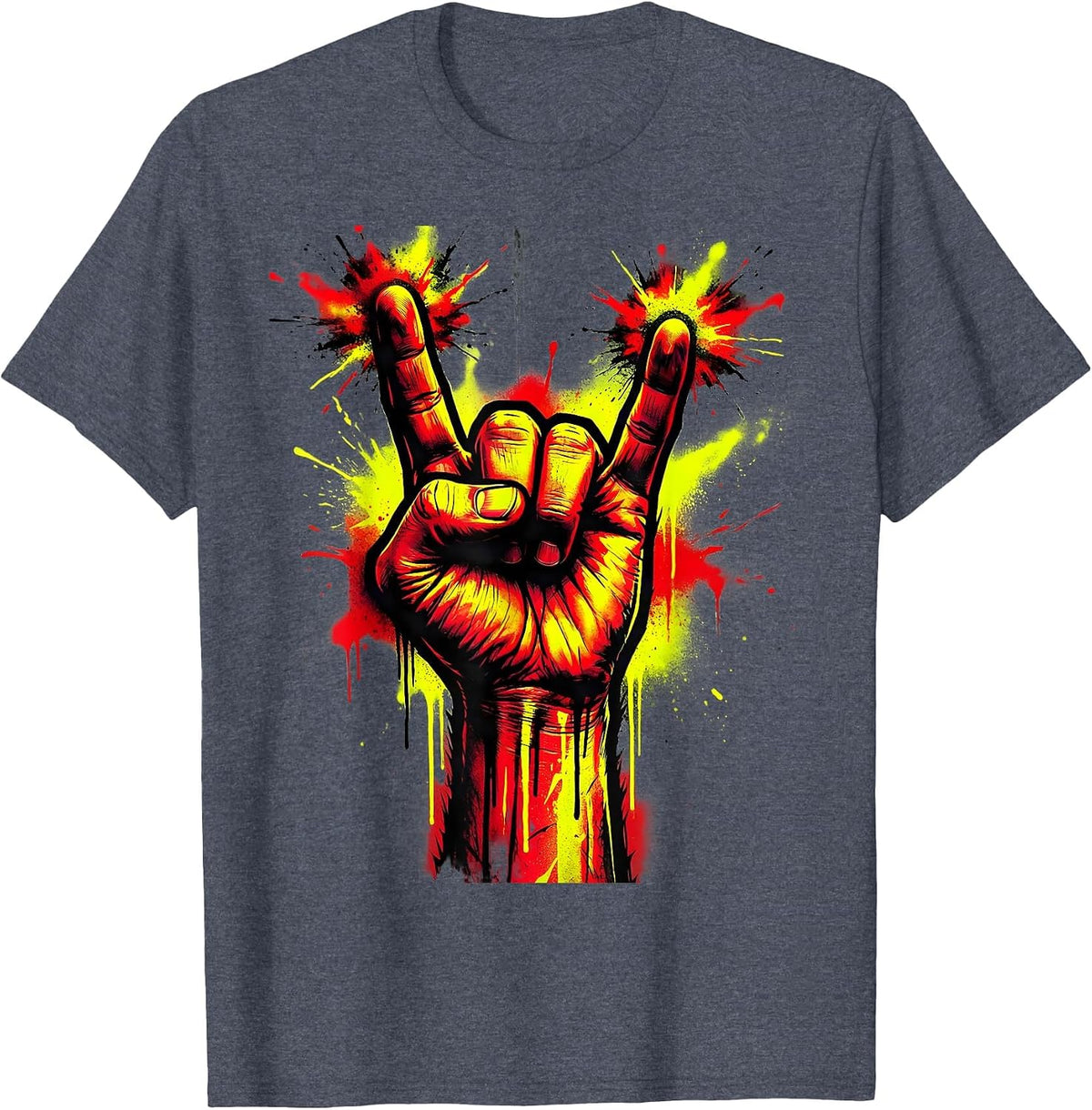 Rock On Devil Horns Hand Gesture Graphic T-Shirt - Heather Blue