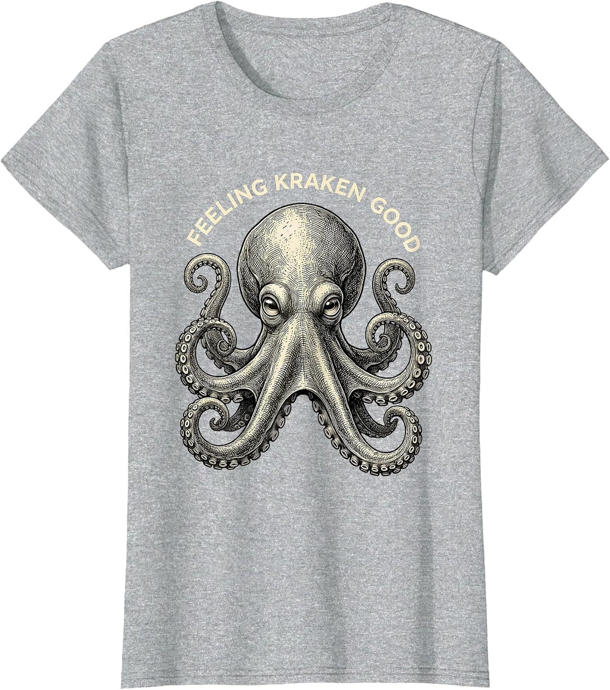 Feeling Kraken Good Crosshatch Octopus Portrait Ocean Animal T-Shirt - Heather Grey