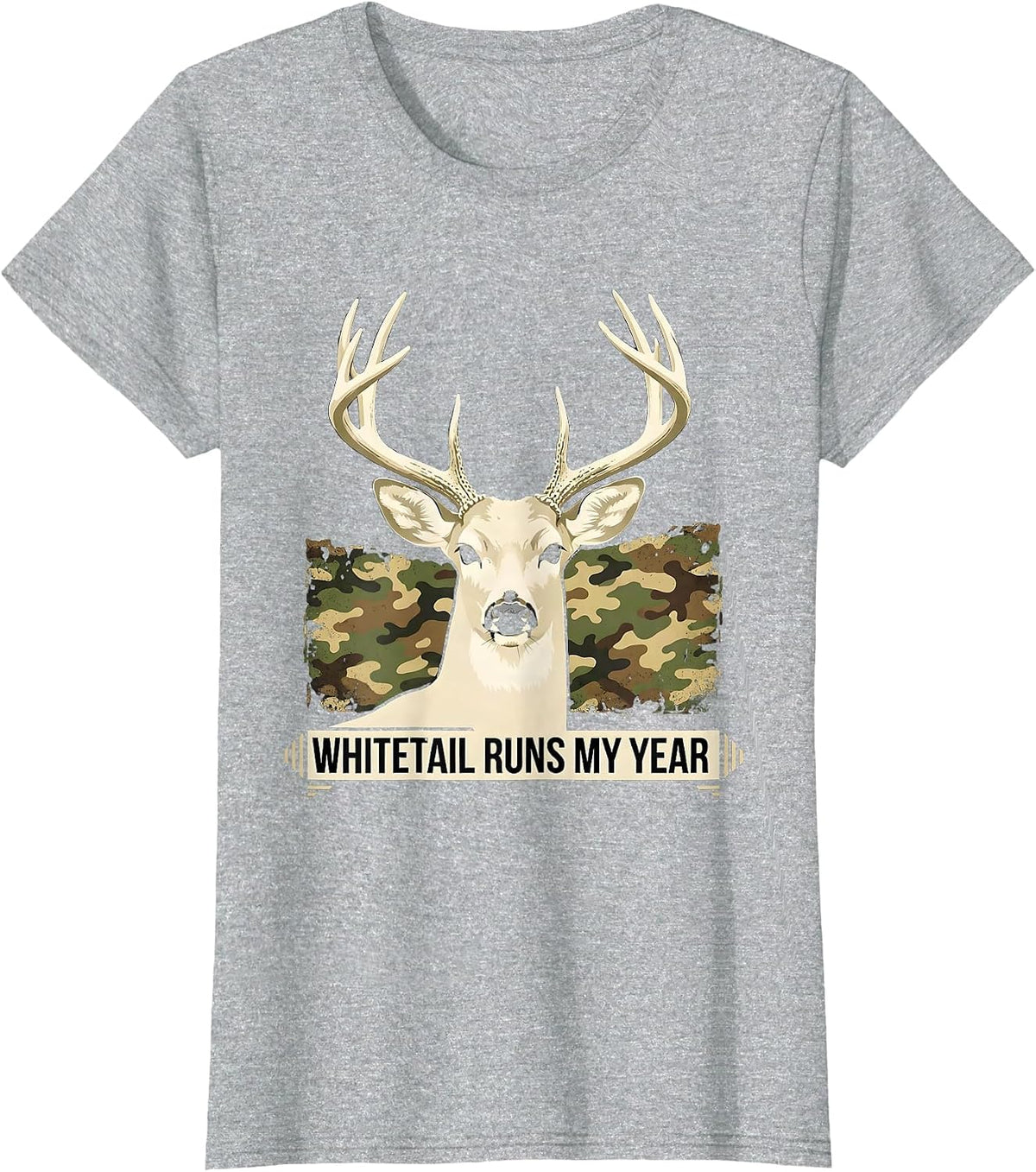 Whitetail Runs My Year Distressed Camo Hunting Dad Humor T-Shirt - Heather Grey
