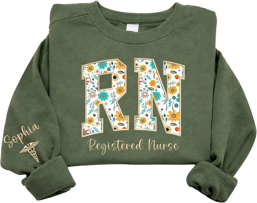 Personalized Embroidered RN Registered Nurse Sweatshirt, Floral Nurse Crewneck, Hospital Medical Staff Apparel, Healthcare