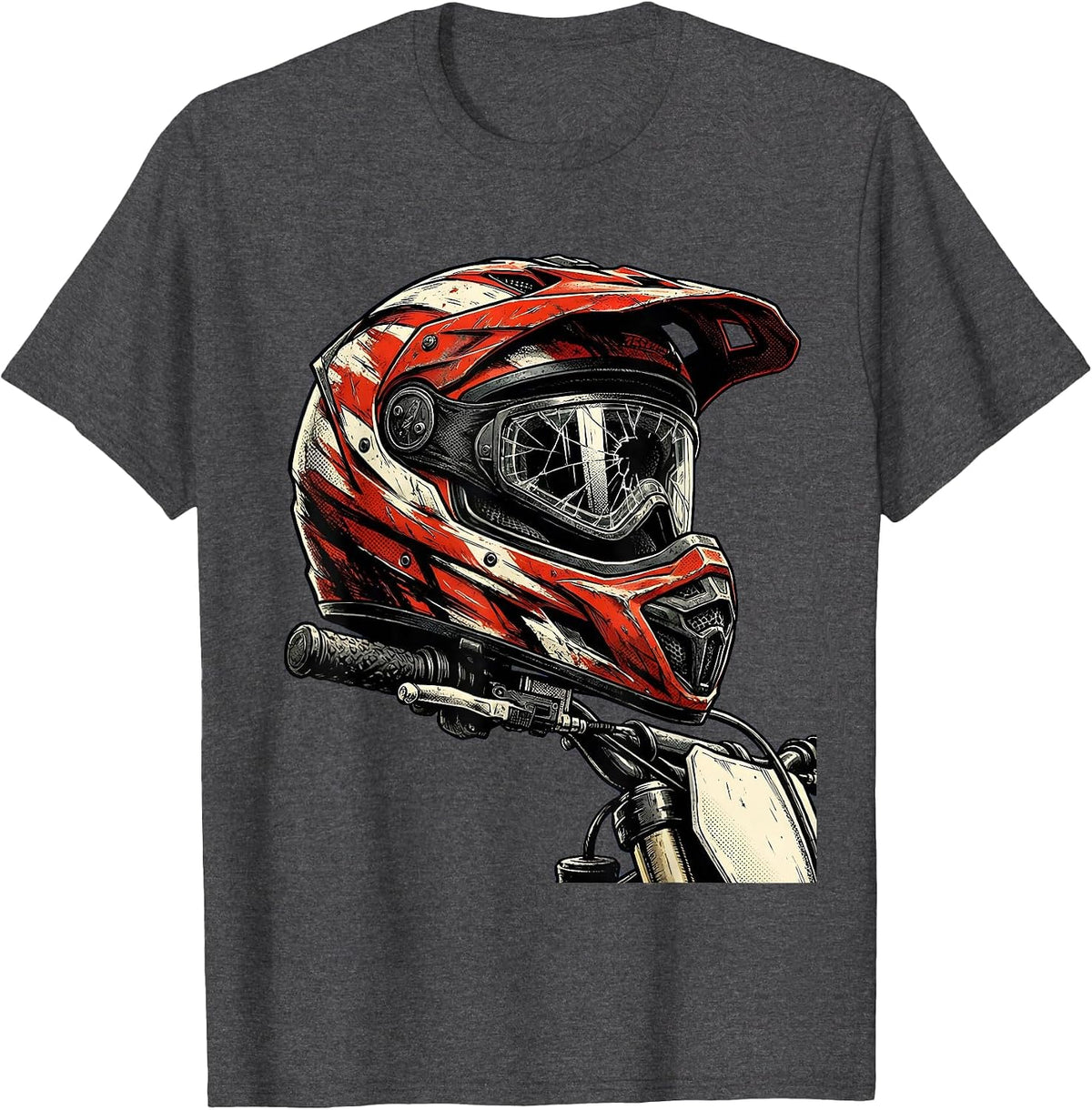 Men's Worn Motocross Helmet on Handlebars Dirt Bike T-Shirt - Dark Heather Grey