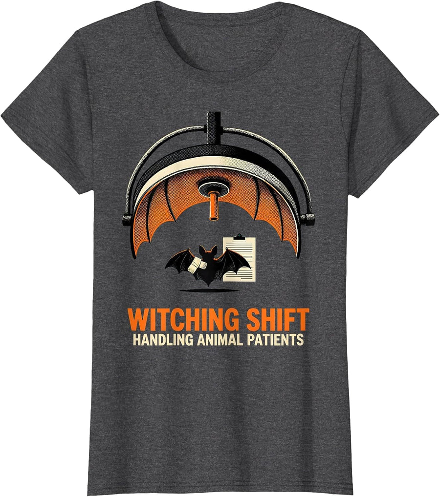 Women's Witching Shift, Handling Animal Patients Vet Tech T-Shirt - Dark Heather Grey