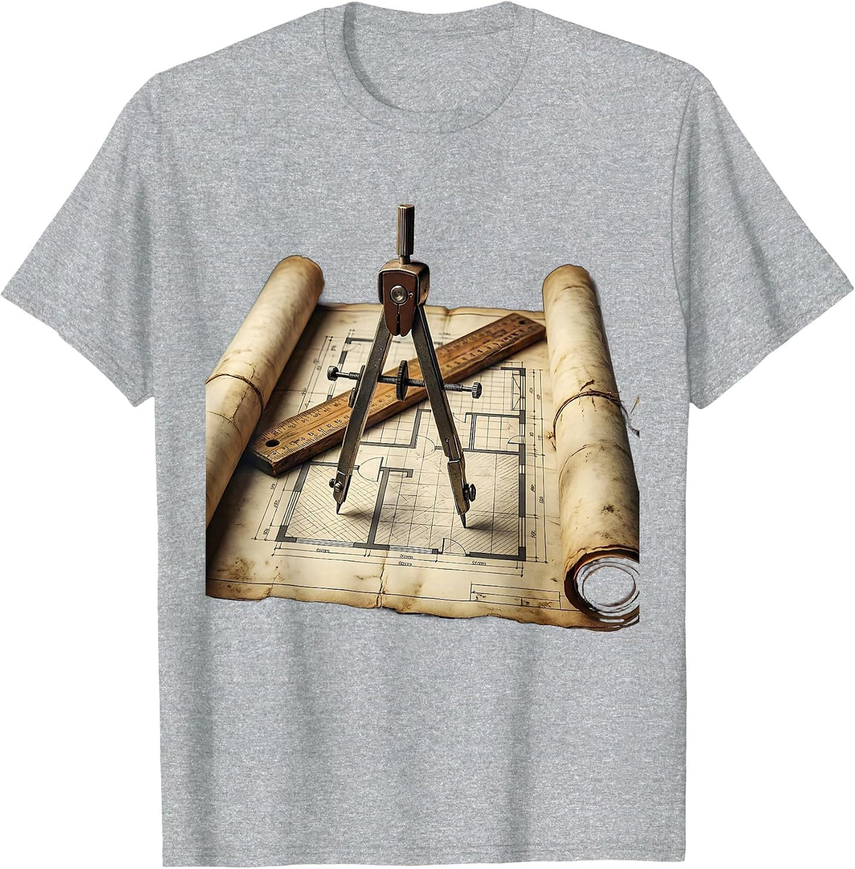 Men's Blueprint Illustration Ruler and Compass Graphic T-Shirt - Heather Grey
