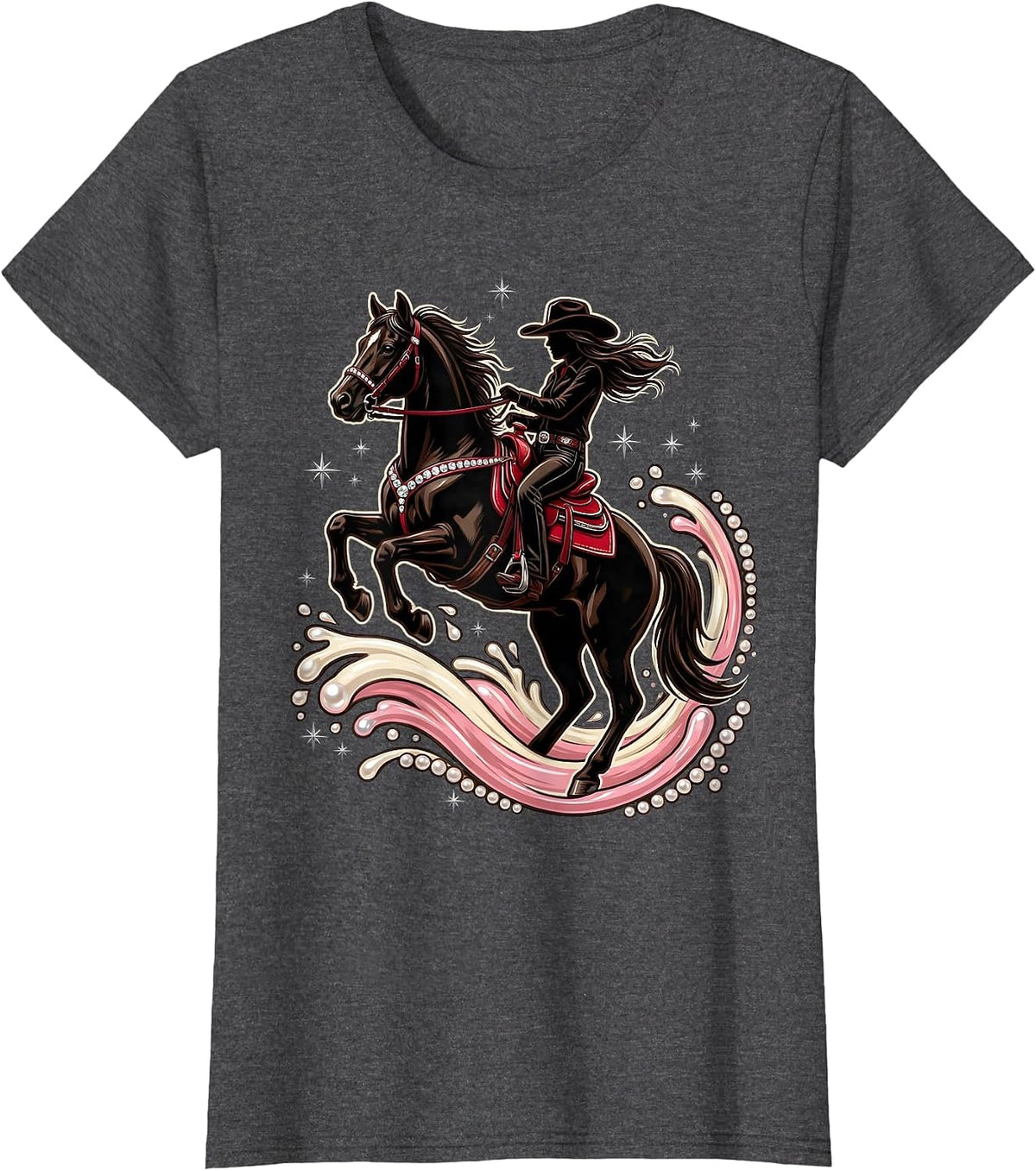 Women's Cowgirl Riding Horse Through River Splash T-Shirt - Dark Heather Grey