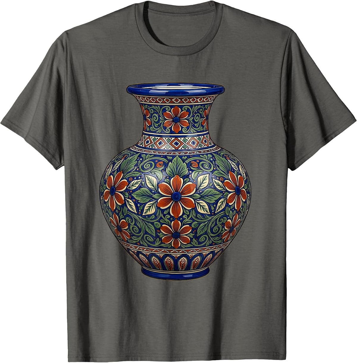 Men's Mexican Talavera Pottery Vase Floral Illustration T-Shirt - Asphalt Grey