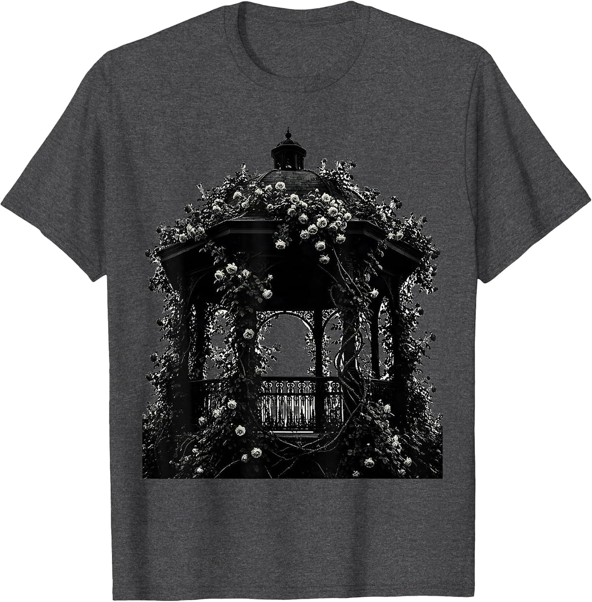 Park Gazebo Climbing Roses Botanical Illustration T-Shirt - Dark Heather Grey