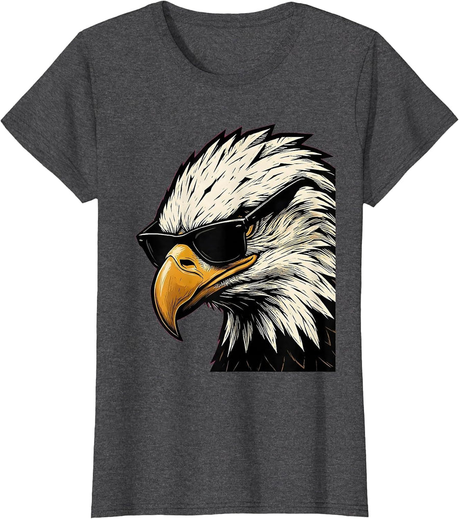 Women's Bald Eagle Sunglasses Linocut Eagle Fan Novelty T-Shirt - Dark Heather Grey